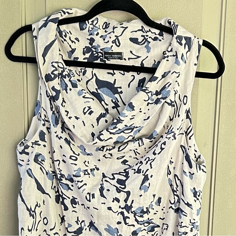 Italian Linen Sleeveless Cowl Neckline Women's Top - Blue and Cream EUC - Picture 3 of 6